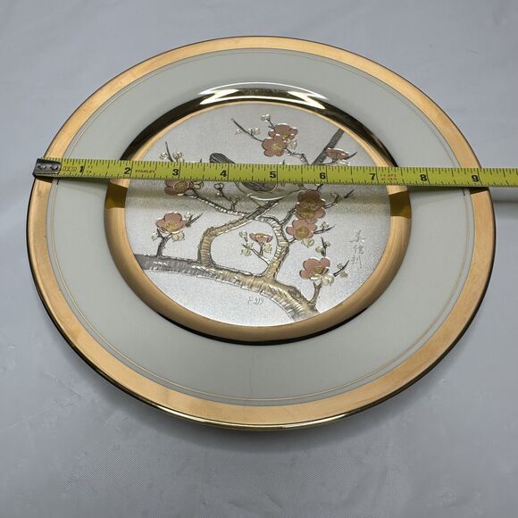 Vintage Art Of Chokin Plate 24k Rims “Early Spring Plum & Nightingale” Bird 10" - Picture 5 of 11